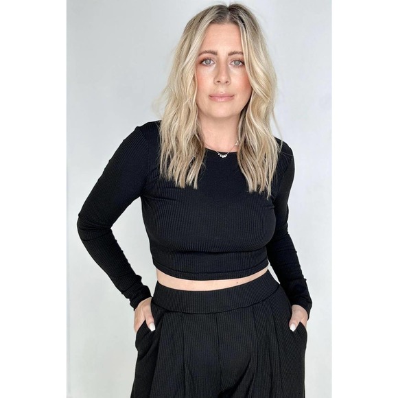 💲⬇️2 Pcs Ribbed Crop Top and Wide Leg Pants Set with Pockets - Picture 6 of 7